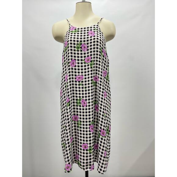 Everly Black White Check Purple Flowers Spring Easter Sleeveless Swing Dress - Picture 1 of 6
